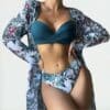 Biquíni de 3 Peças Tropical Cintura Alta com Efeito Silicone e Saída de Praia